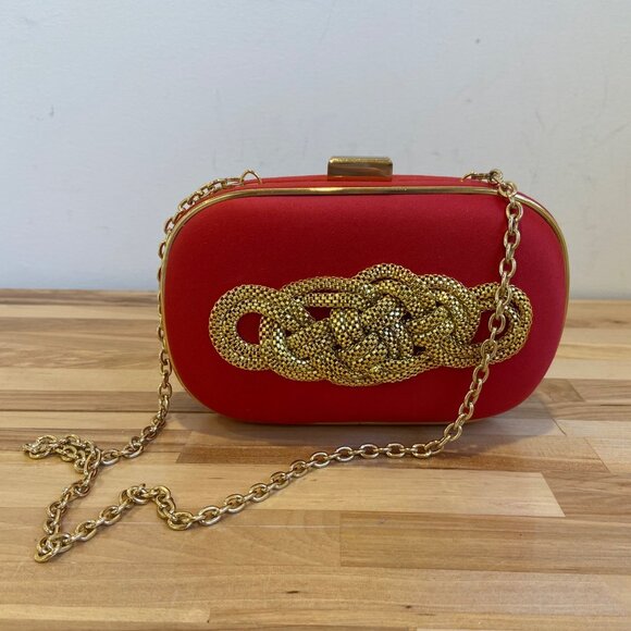 Vintage Sondra Roberts Red Clutch Purse evening With Gold Chain & Embellishment - Picture 12 of 12